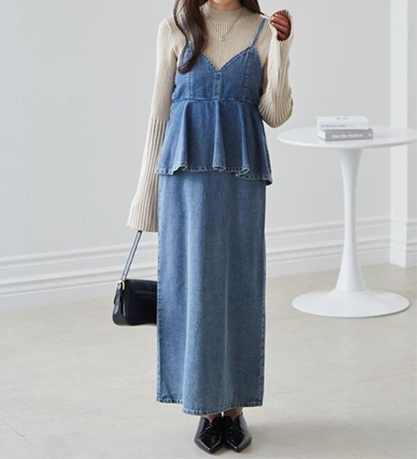 RANAN（ラナン）の「デニムペプラムキャミワンピース（ロングワンピース）」｜詳細画像