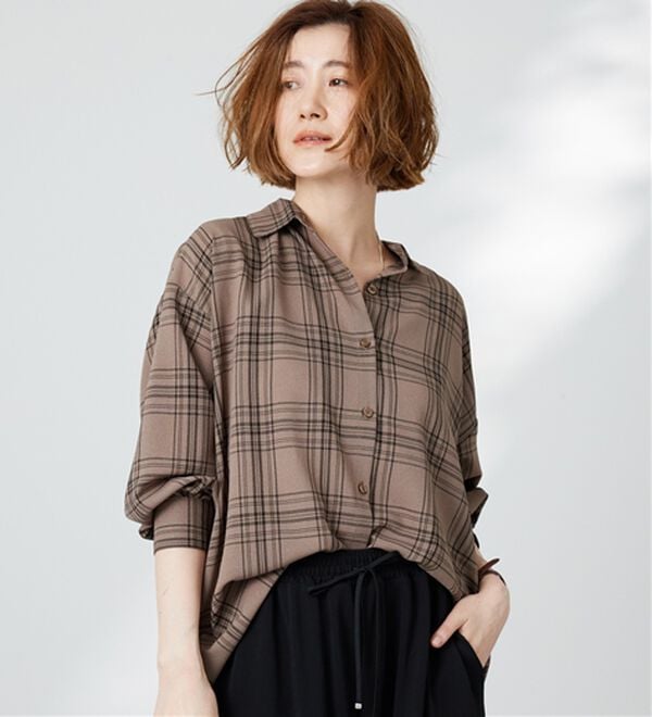 BELLUNA（ベルーナ）の「シアージョーゼット素材チェック柄シャツ（シャツ）」｜詳細画像