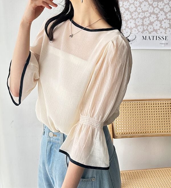 GeeRA（ジーラ）の「前後２ＷＡＹ配色パイピング５分袖ブラウス（ブラウス）」｜詳細画像