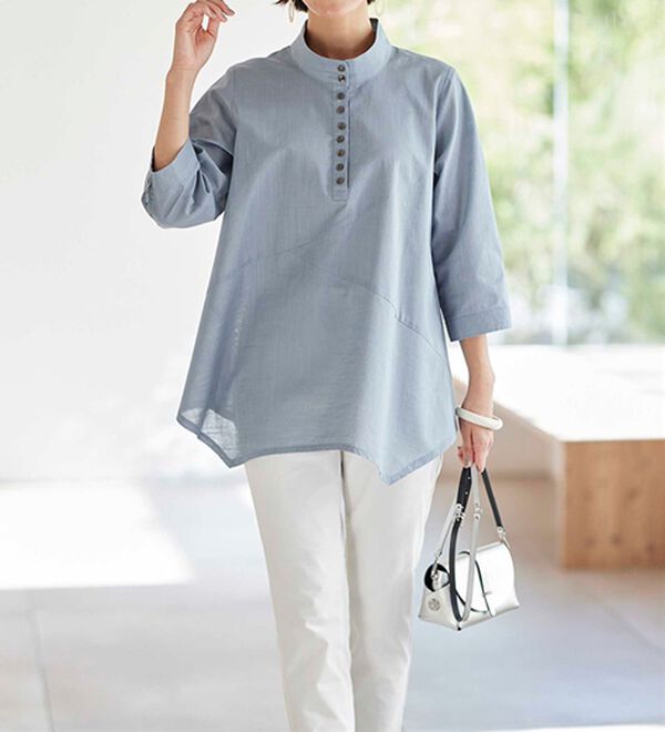 BELLUNA（ベルーナ）の「綿１００％スラブ素材スタンド衿切替ブラウス（ブラウス）」｜詳細画像