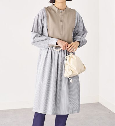 BELLUNA（ベルーナ）の「ハーフジップ使いストライプ切替ワンピース（チュニック）」