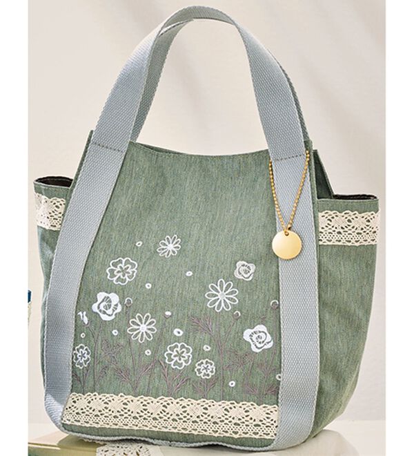 「刺繍とレースの華やか手提げ（トートバッグ）」｜グレー