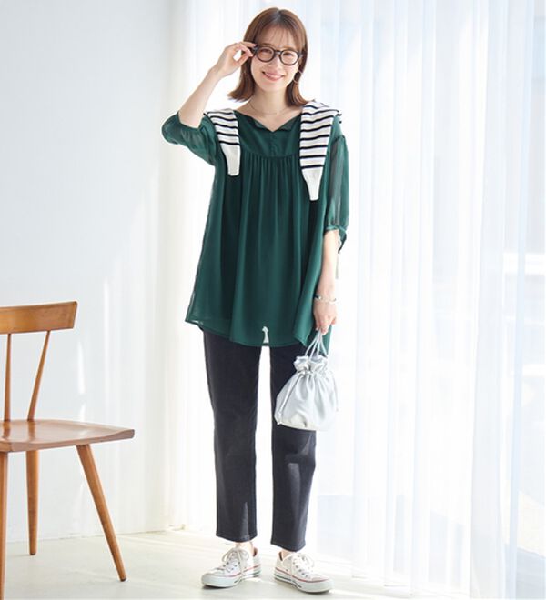 Viola e Viola（ヴィオラ エ ヴィオラ）の「【毎日着たい！】カットソー裏地付シフォンチュニック（チュニック）」｜詳細画像