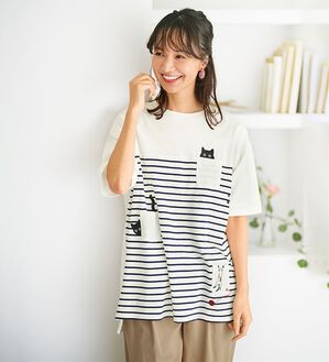 BELLUNA（ベルーナ）の「ネコ刺しゅうビッグプルオーバー（カットソー）」｜ボーダー