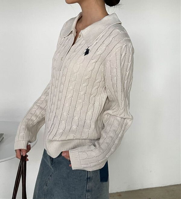 RANAN（ラナン）の「＜U.S.POLO ASSN.＞刺繍長袖ケーブルポロニット（ニット・セーター）」｜詳細画像