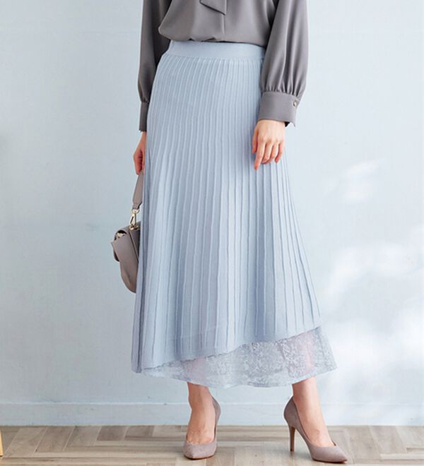 BELLUNA（ベルーナ）の「刺しゅうレース使いニットプリーツスカート（ロングスカート）」｜詳細画像