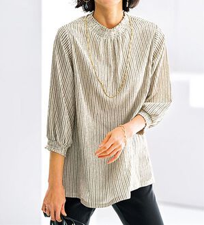 BELLUNA（ベルーナ）の「シャーリング使い楊柳素材ブラウス（ブラウス）」｜ストライプ