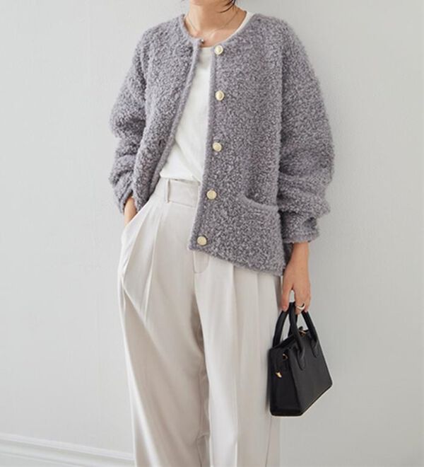 RANAN（ラナン）の「ゴールド調ボタンループ編みニットジャケット（ニットカーディガン）」｜詳細画像