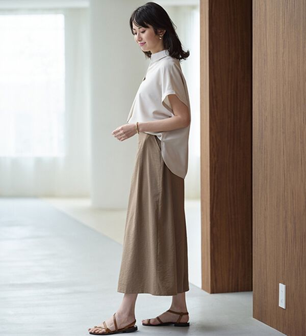 BELLUNA（ベルーナ）の「ひんやりスラブ調素材ガウチョパンツ（フルレングスパンツ）」｜詳細画像