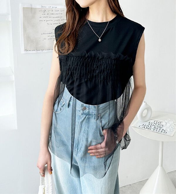 GeeRA（ジーラ）の「チュールドッキングＴ（カットソー）」｜ブラック