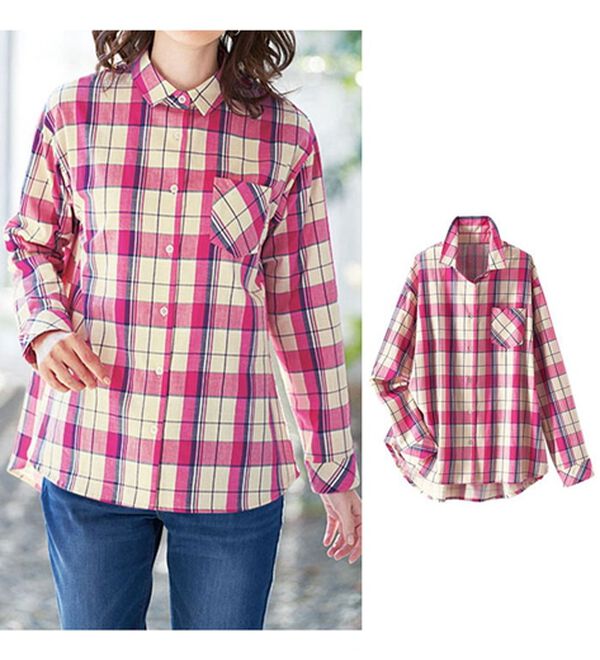 BELLUNA（ベルーナ）の「コットン・テンセル（ＴＭ）繊維　裏サラＵＶカットシャツ（シャツ）」｜ピンクチェック