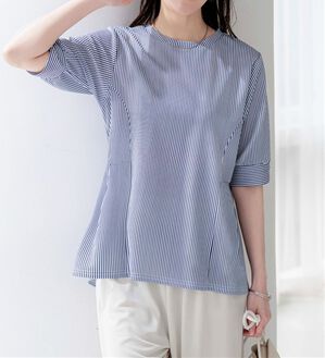 BELLUNA（ベルーナ）の「【体型カバー】袖パール付AラインTブラウス（ブラウス）」｜細ストライプ