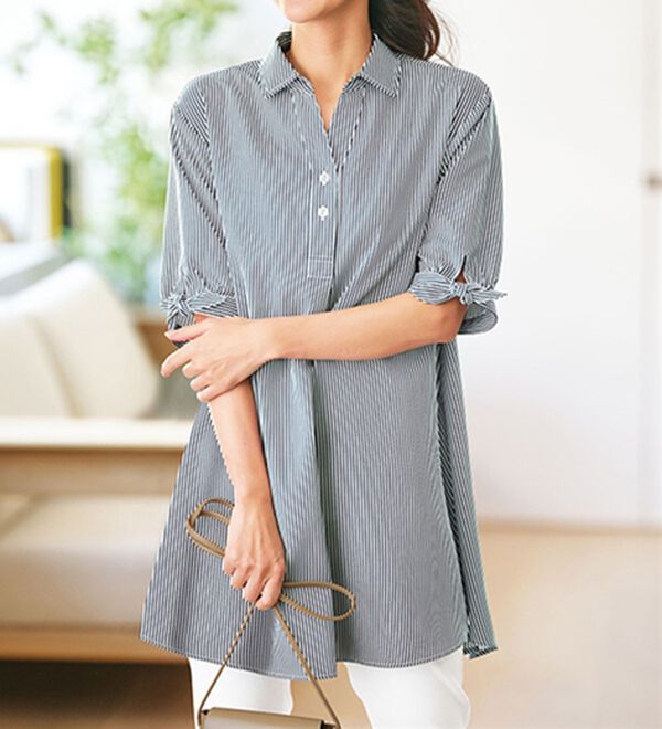 BELLUNA（ベルーナ）の「ヒンヤリ！麻調素材袖リボン使いシャツチュニック（チュニック）」｜ストライプ