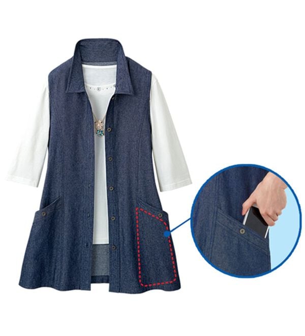 「すっきり見えるデニムロングベスト（ベスト）」｜詳細画像