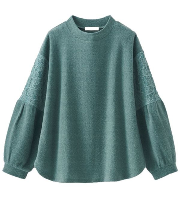 BELLUNA（ベルーナ）の「ふんわり起毛素材袖レース使いプルオーバー（カットソー）」｜エメラルドグリーン