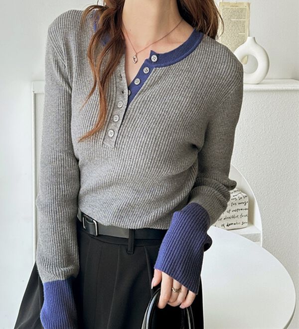 GeeRA（ジーラ）の「レイヤード風ヘンリーネックリブニットトップス（ニット・セーター）」｜詳細画像