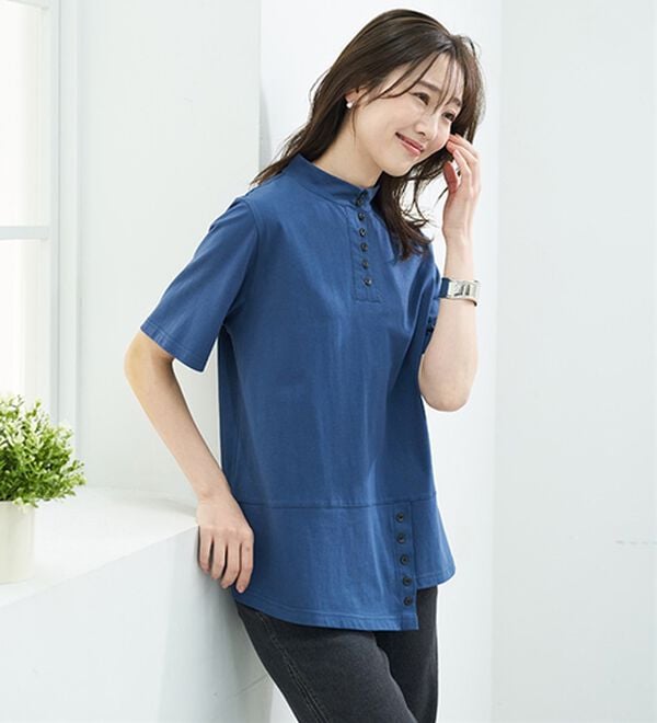 BELLUNA（ベルーナ）の「汗染み対策！綿１００％多ボタンハイネックＴシャツ（カットソー）」｜詳細画像