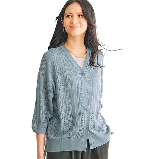 麻タッチ透かし編5分袖ニットカーディガン - ベルーナ【公式】