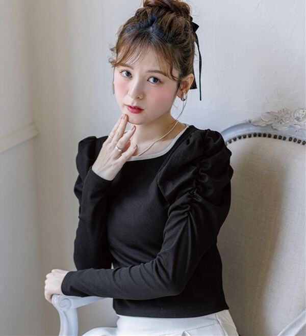 alotta（アロッタ）の「【Corie】配色パワショルリブトップス（カットソー）」｜詳細画像