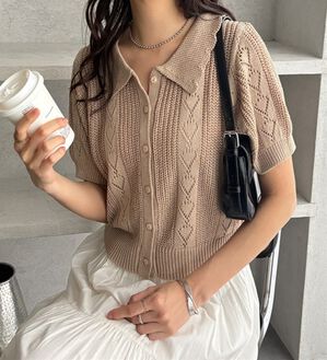 GeeRA（ジーラ）の「透かし編みポロ衿ニット（ニット・セーター）」｜ベージュ