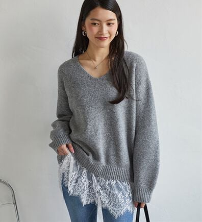 RANAN（ラナン）の「裾レースＶネックニットチュニック（ニット・セーター）」