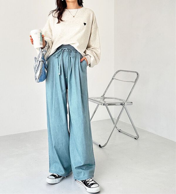 GeeRA（ジーラ）の「【接触冷感】穿いて感激！キレイ見えする楽ちんワイドデニムパンツ（ワイドパンツ・ガウチョ）」｜詳細画像