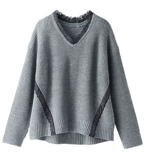 BELLUNA（ベルーナ）の「レース使いあぜ編ニットプルオーバー（ニット・セーター）」｜杢グレー