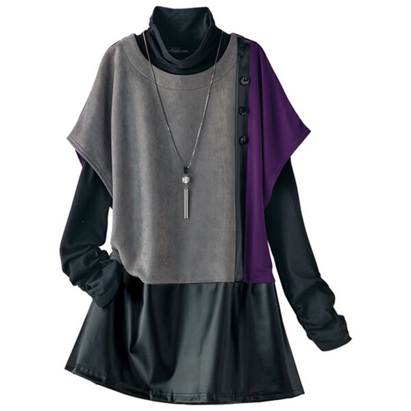 BELLUNA（ベルーナ）の「合皮使い配色切替チュニック（チュニック）」｜グレー×パープル系