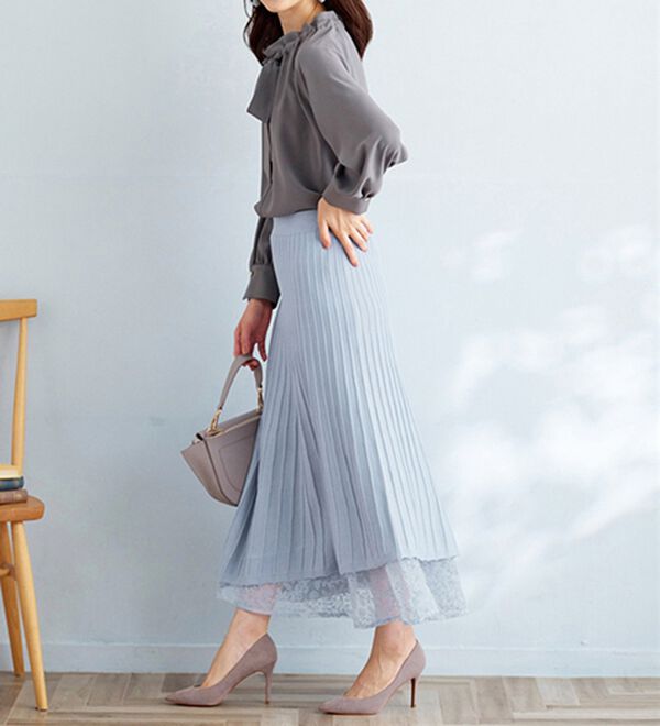 BELLUNA（ベルーナ）の「刺しゅうレース使いニットプリーツスカート（ロングスカート）」｜詳細画像