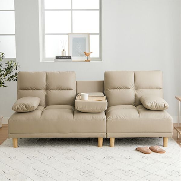 iellio（イエリオ）の「テーブル付３ＷＡＹソファベッド＜３人掛け・クッション付・ドリンクホルダー付・リクライニング・テーブルソファ・脚付きソファ＞（ソファ）」｜グレージュレザー調