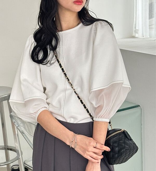 GeeRA（ジーラ）の「袖シアー切替ランタンスリーブトップス（カットソー）」｜詳細画像