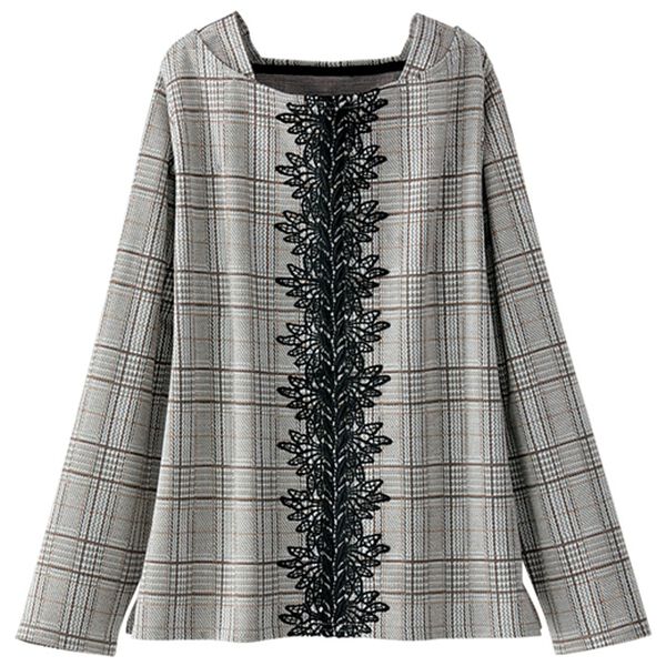 BELLUNA（ベルーナ）の「レース使いチェックジャカードプルオーバー（カットソー）」｜グレー&times;キャメル