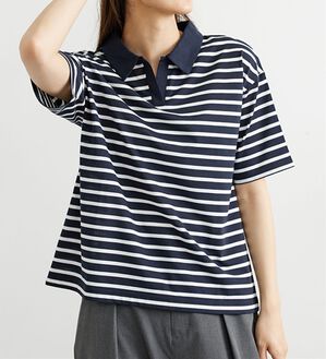 BELLUNA（ベルーナ）の「ボーダー柄スキッパーポロシャツ（カットソー）」｜ネイビー&times;オフ白