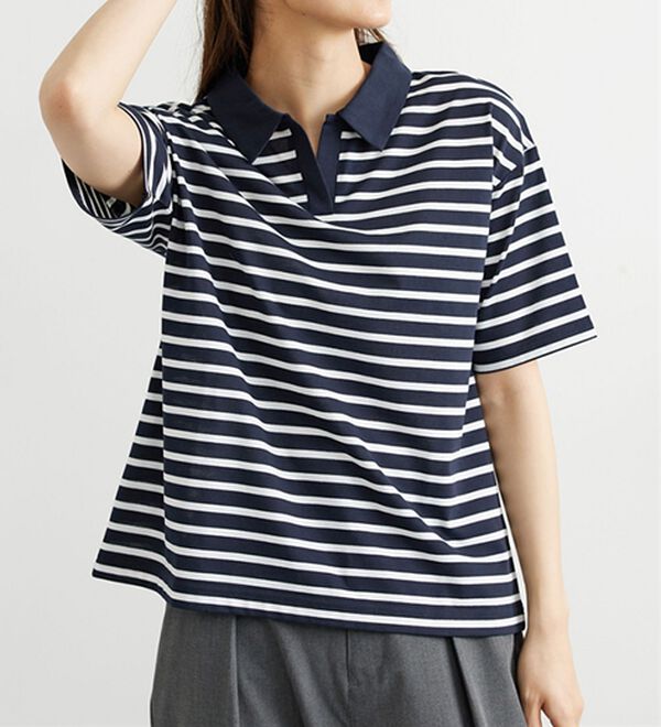 BELLUNA（ベルーナ）の「ボーダー柄スキッパーポロシャツ（カットソー）」｜ネイビー&times;オフ白
