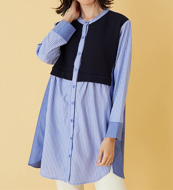BELLUNA（ベルーナ）の「ストライプ&times;異素材切替シャツチュニック（チュニック）」｜詳細画像