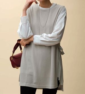 BELLUNA（ベルーナ）の「あぜ素材サイドリボン使いベストアンサンブル（アンサンブル）」｜ライトグレー