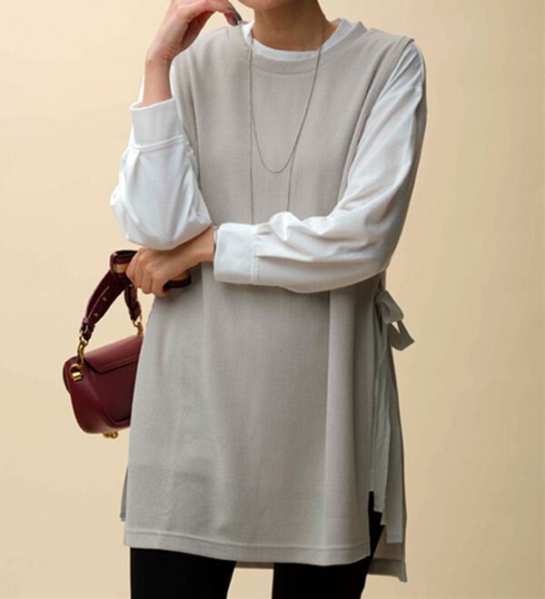 BELLUNA（ベルーナ）の「あぜ素材サイドリボン使いベストアンサンブル（アンサンブル）」｜ライトグレー