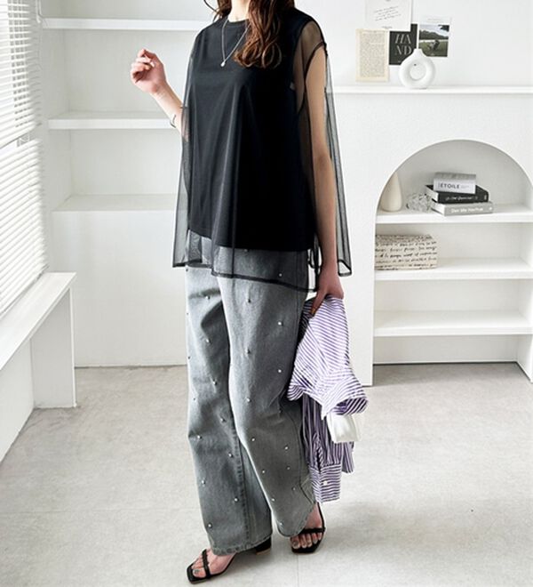 GeeRA（ジーラ）の「チュールカバーフレンチスリーブカットソー（カットソー）」｜詳細画像