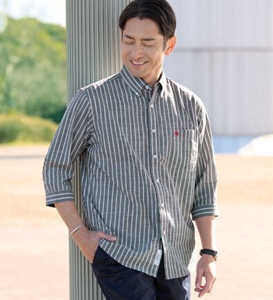 「＜ポロ・ビーシーエス＞麻入りさらさら７分袖シャツ（メンズシャツ）」