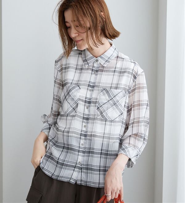 BELLUNA（ベルーナ）の「シフォン楊柳チェック柄プリントシャツ（シャツ）」｜詳細画像