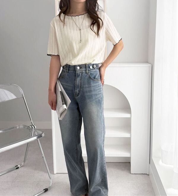 RANAN（ラナン）の「透かし柄メロー配色Ｔシャツ（カットソー）」｜詳細画像