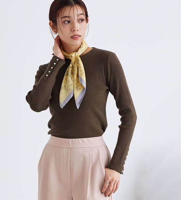 Pierrot（ピエロ）の「【選べるネック】もっちり袖パールニット（ニット・セーター）」｜ブラウン