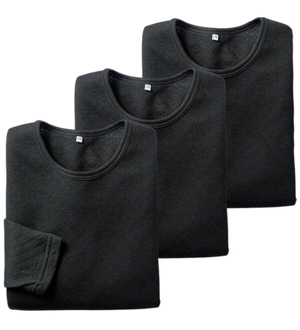 「【３枚組】丸編み仕様の軽ふわキルトインナー　長袖丸首（メンズ肌着・インナーウェア）」｜ブラック