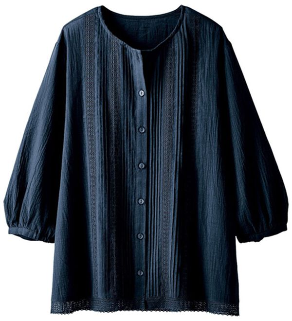 BELLUNA（ベルーナ）の「レース使いピンタックデザインブラウス（ブラウス）」｜ネイビー