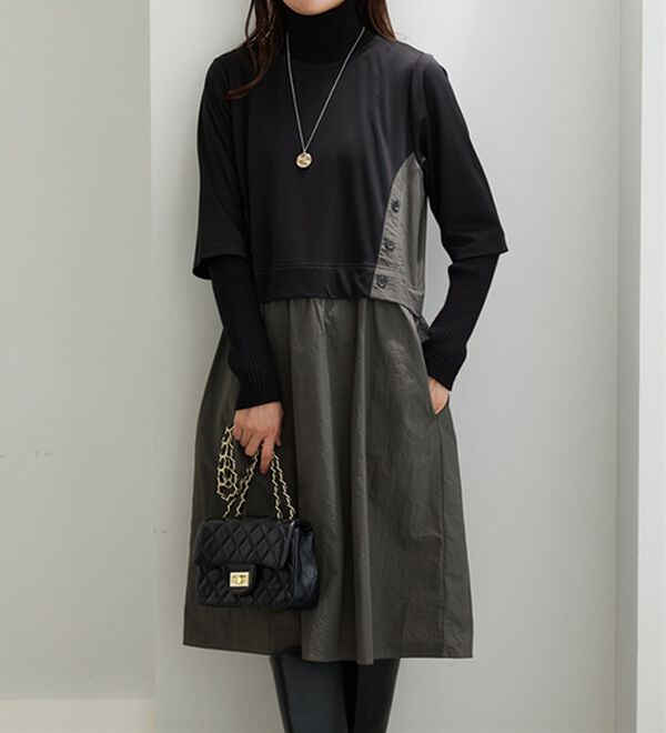 BELLUNA（ベルーナ）の「異素材切替ボタン使い配色ワンピース（その他ワンピース）」｜詳細画像