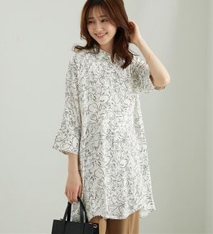 「【接触冷感】レーヨン素材ブザム切替ワンピース（その他ワンピース）」｜アイボリー系フルーツ