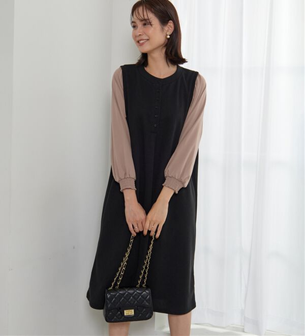 BELLUNA（ベルーナ）の「ヘンリーネック袖切替デザインワンピース（その他ワンピース）」｜黒系