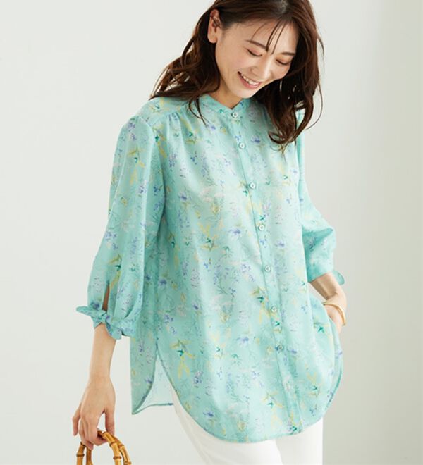 BELLUNA（ベルーナ）の「涼感柔らか袖リボンチュニック（チュニック）」｜ミント系花柄