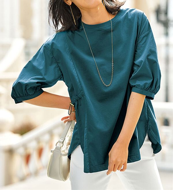 BELLUNA（ベルーナ）の「高見え！異素材切替ドロスト使いプルオーバー（カットソー）」｜ターコイズ