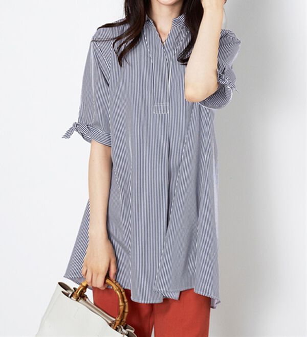 BELLUNA（ベルーナ）の「【接触冷感】麻調素材袖リボン使いシャツチュニック（チュニック）」｜詳細画像